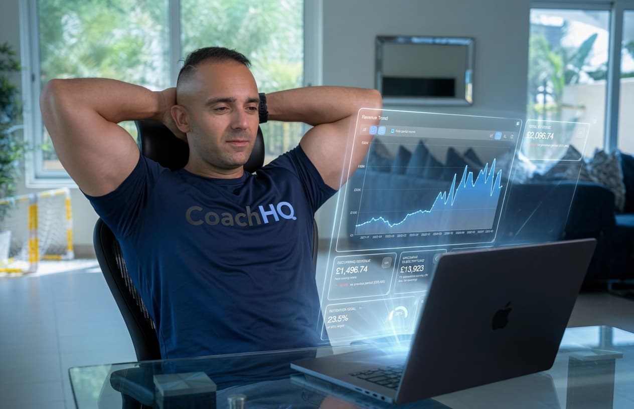 Mezz leaning back while his CoachHQ revenue dashboard runs the business