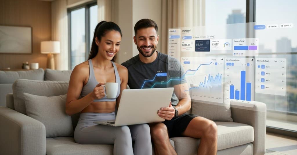 Smiling female fitness coach on a sofa with a laptop