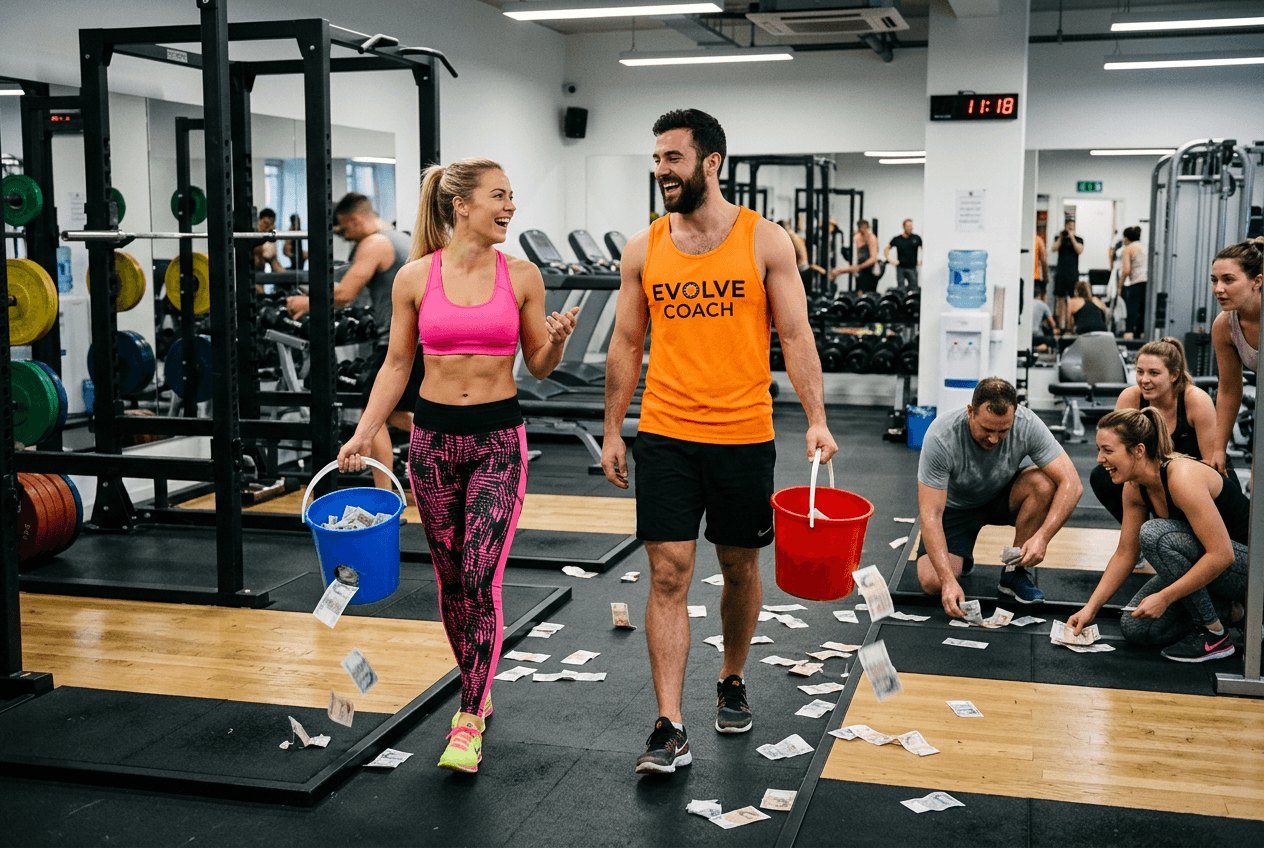 Coaches collecting scattered money in a gym