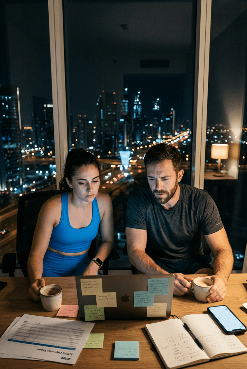 Two coaches at a desk at night overwhelmed by tools and spreadsheets