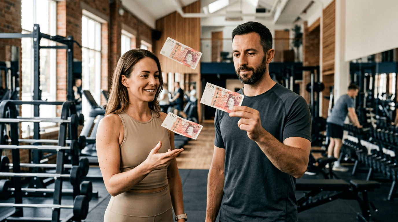 Two coaches calmly catching money in a sun-lit gym