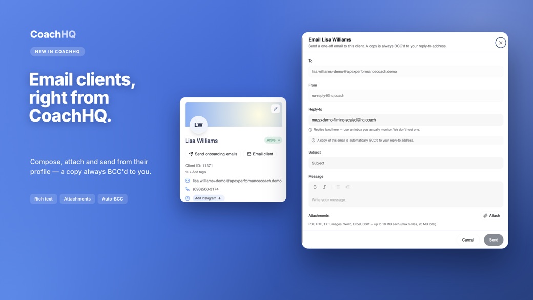 Email clients right from CoachHQ — client card and compose window
